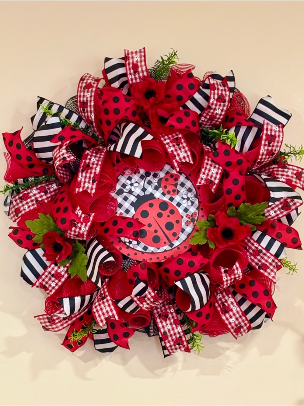 Ladybug Ribbon Wreath - Red and Black Cute Wall